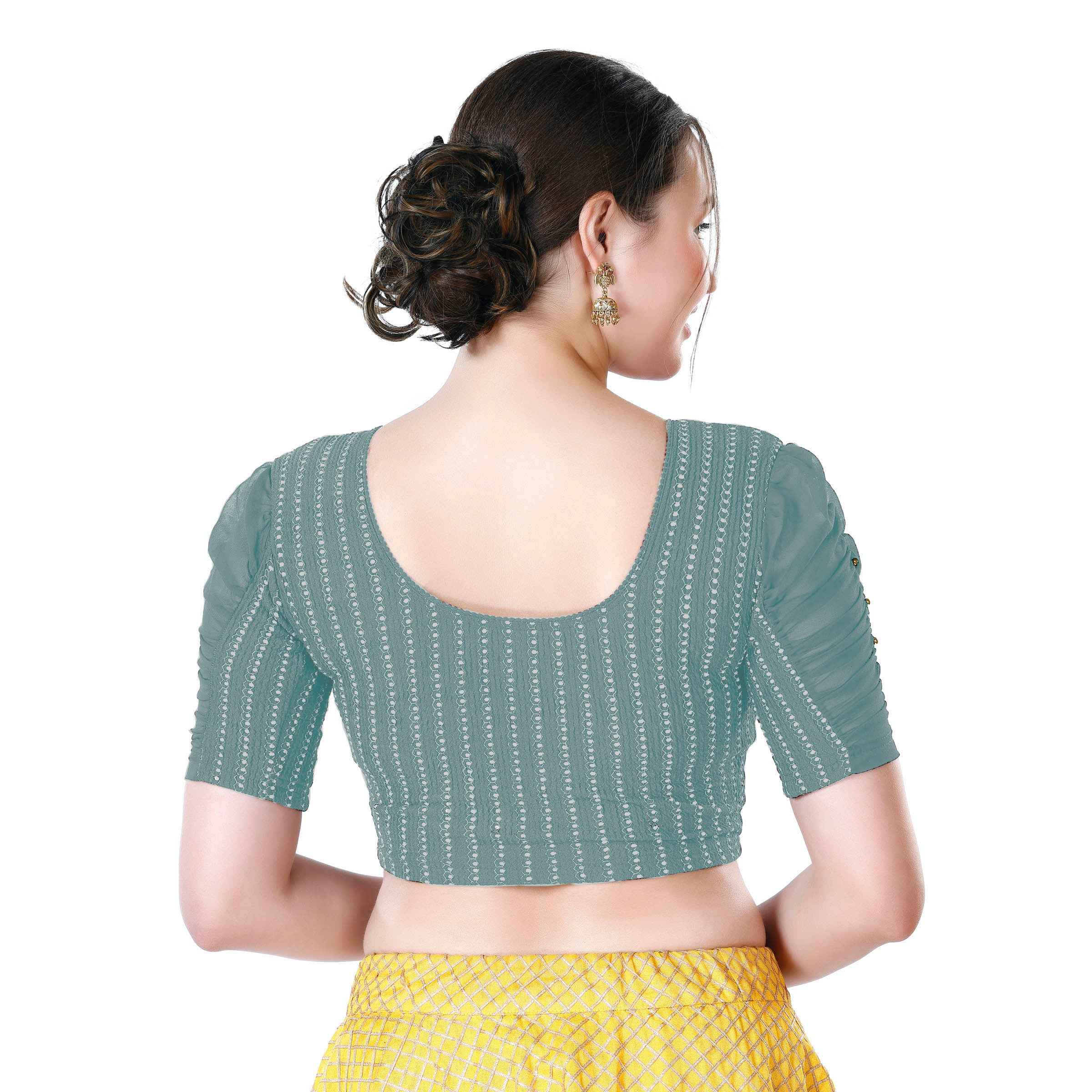 Stay On Trend: Latest Fashion Readymade Blouses for Women,round neckline,georgette ruched style sleeves with pearls embedded on the centre of the sleeve.33033