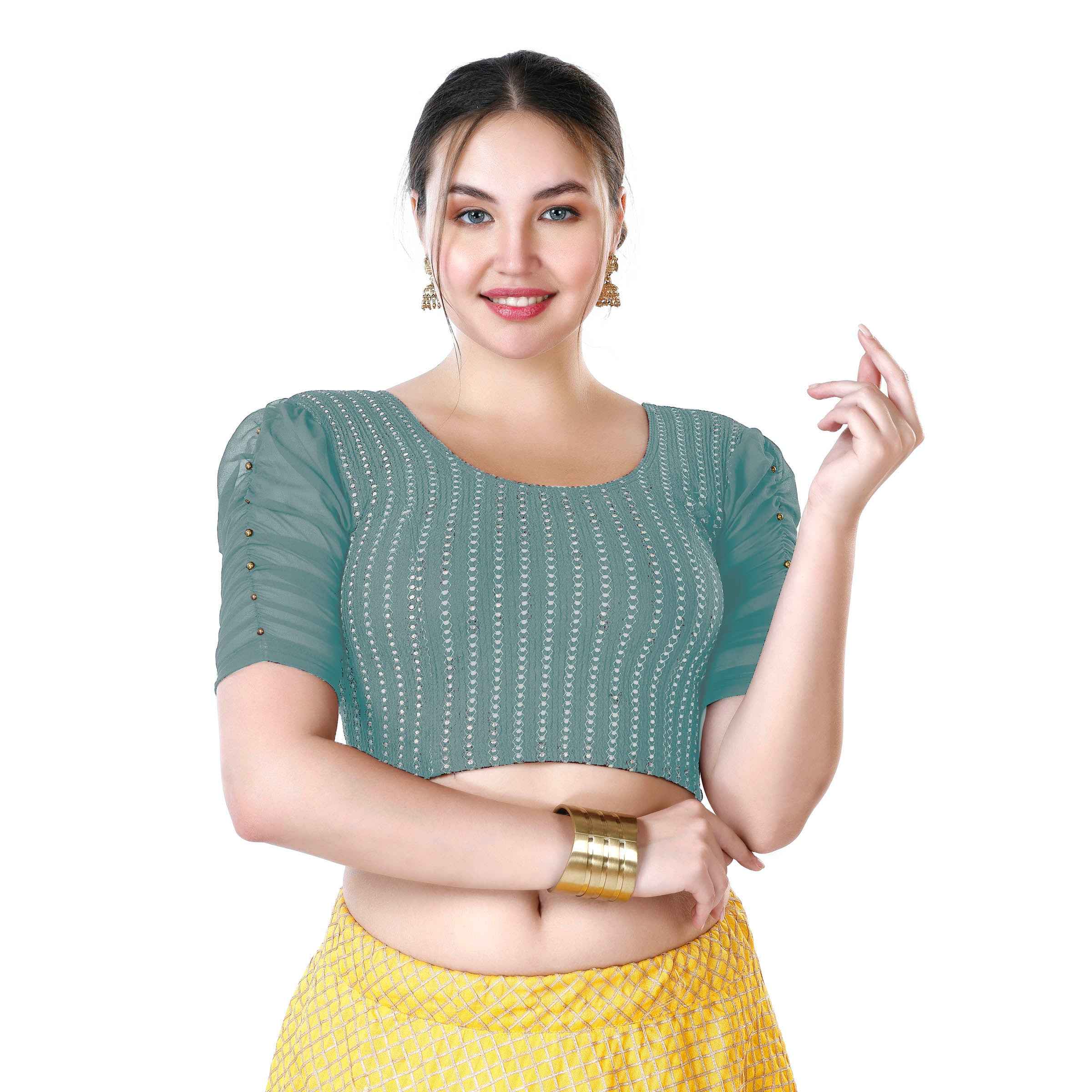 Stay On Trend: Latest Fashion Readymade Blouses for Women,round neckline,georgette ruched style sleeves with pearls embedded on the centre of the sleeve.33033