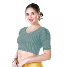 Stay On Trend: Latest Fashion Readymade Blouses for Women,round neckline,georgette ruched style sleeves with pearls embedded on the centre of the sleeve.33033