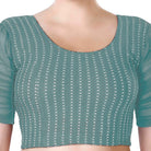 Stay On Trend: Latest Fashion Readymade Blouses for Women,round neckline,georgette ruched style sleeves with pearls embedded on the centre of the sleeve.33033