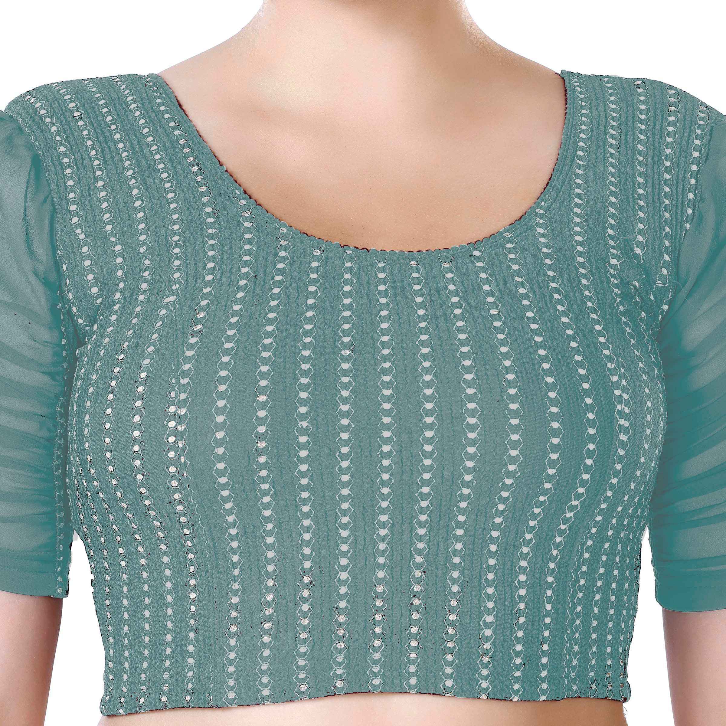 Stay On Trend: Latest Fashion Readymade Blouses for Women,round neckline,georgette ruched style sleeves with pearls embedded on the centre of the sleeve.33033