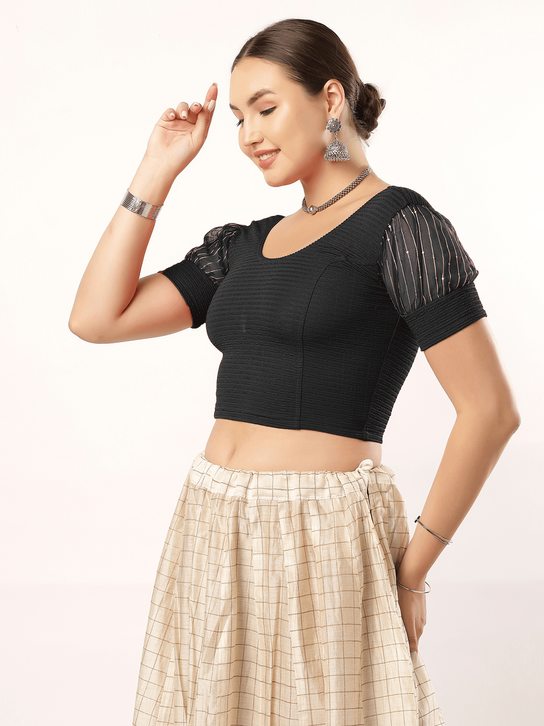 Stay On Trend: Latest Fashion Readymade Blouses for Women,round neckline,organza balloon sleeves and fabric cuff.5985.