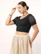Stay On Trend: Latest Fashion Readymade Blouses for Women,round neckline,organza balloon sleeves and fabric cuff.5985.