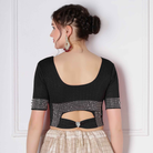 Stay On Trend: Latest Fashion Readymade Blouses for Women,round neckline,elbow sleeves with back bow detail and swarovski work on sleeves and back cut-out.32030