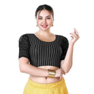 Stay On Trend: Latest Fashion Readymade Blouses for Women,round neckline,georgette ruched style sleeves with pearls embedded on the centre of the sleeve.33033