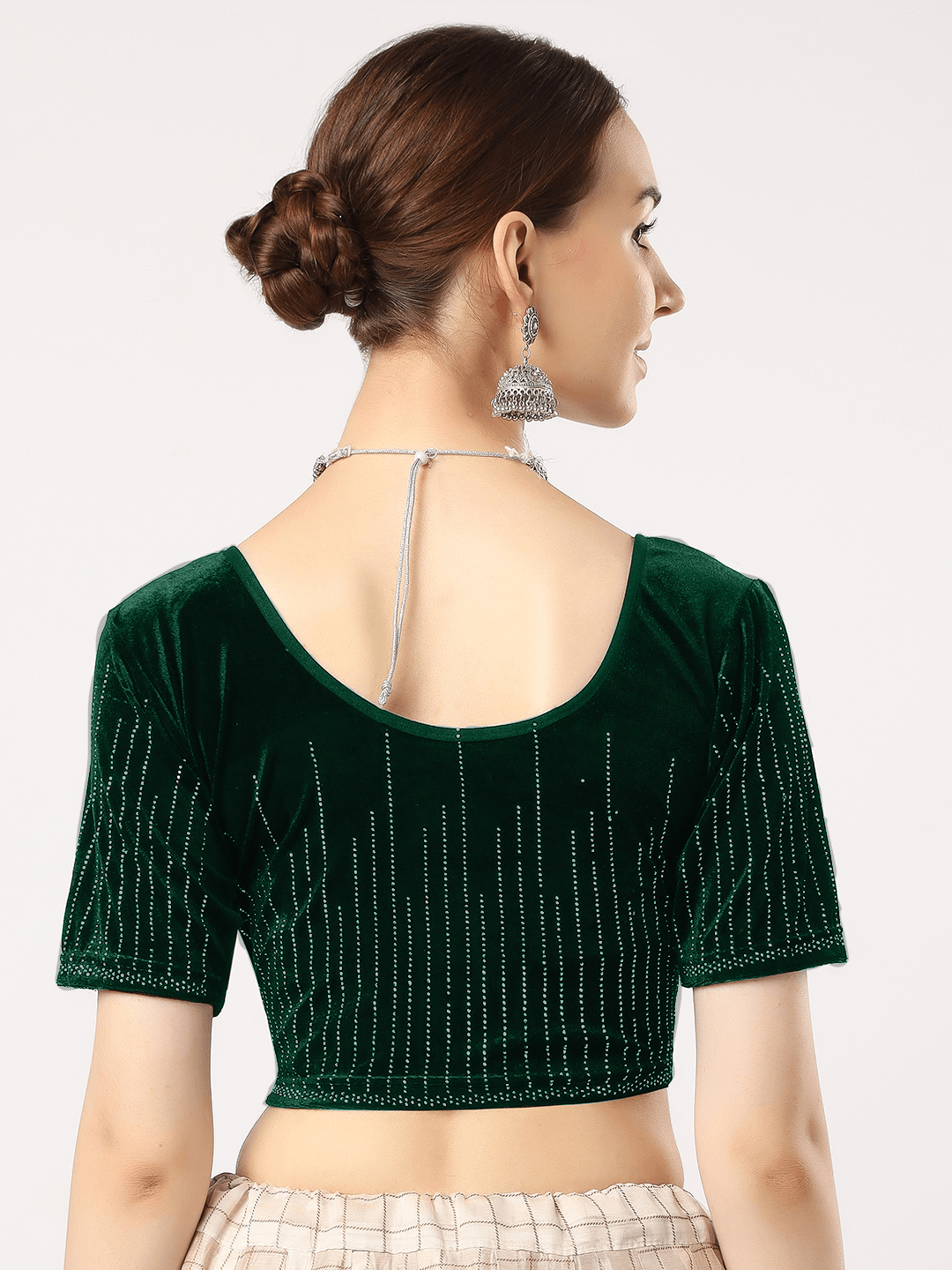 Stay On Trend: Latest Fashion Readymade Blouses for Women,round neckline,elbow sleeves covered all over in swarovski stones in designs.16045.
