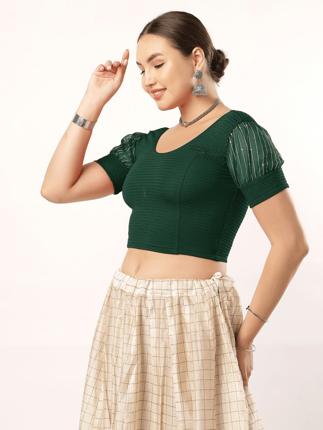 Stay On Trend: Latest Fashion Readymade Blouses for Women,round neckline,organza balloon sleeves and fabric cuff.5985.