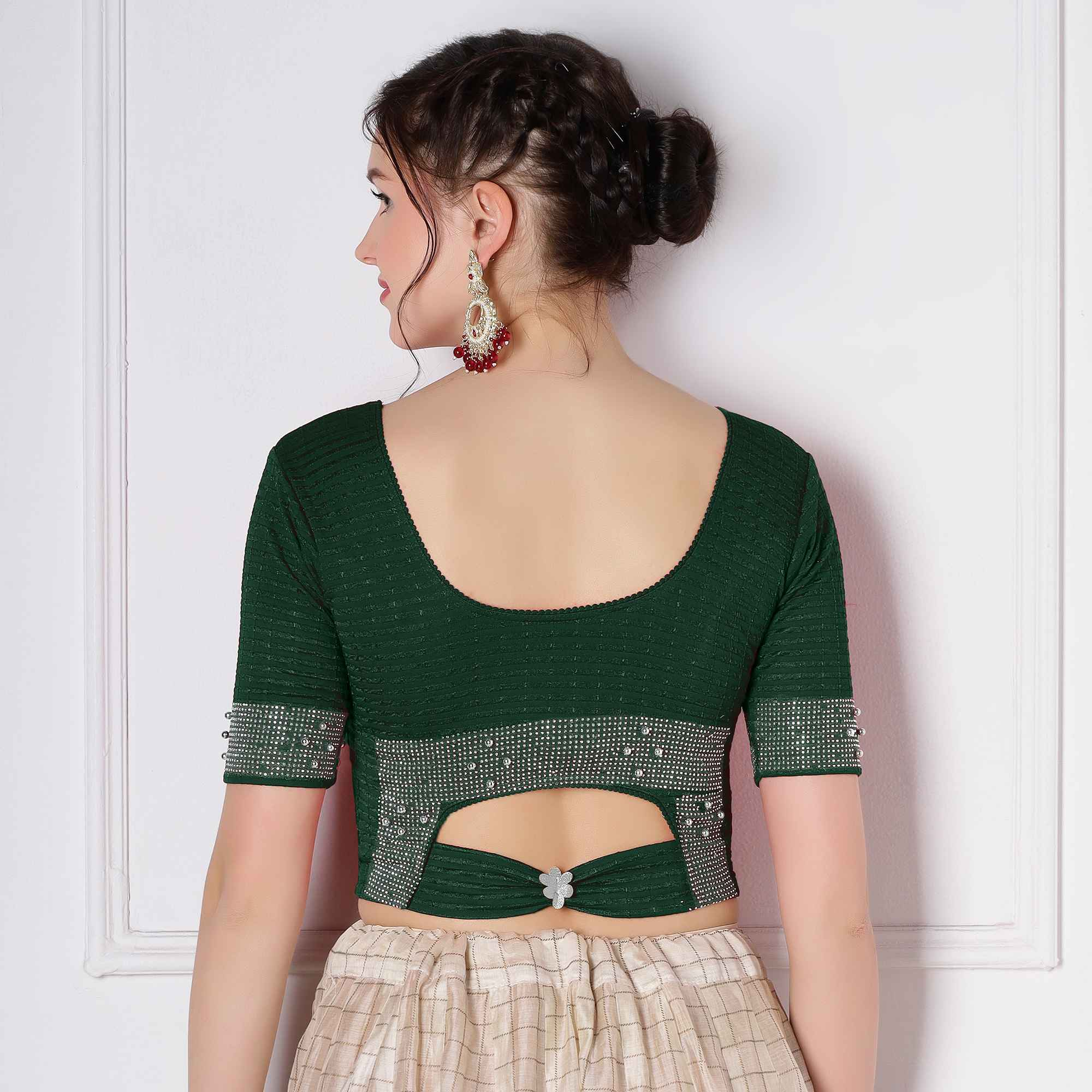 Stay On Trend: Latest Fashion Readymade Blouses for Women,round neckline,elbow sleeves with back bow detail and swarovski work on sleeves and back cut-out.32030