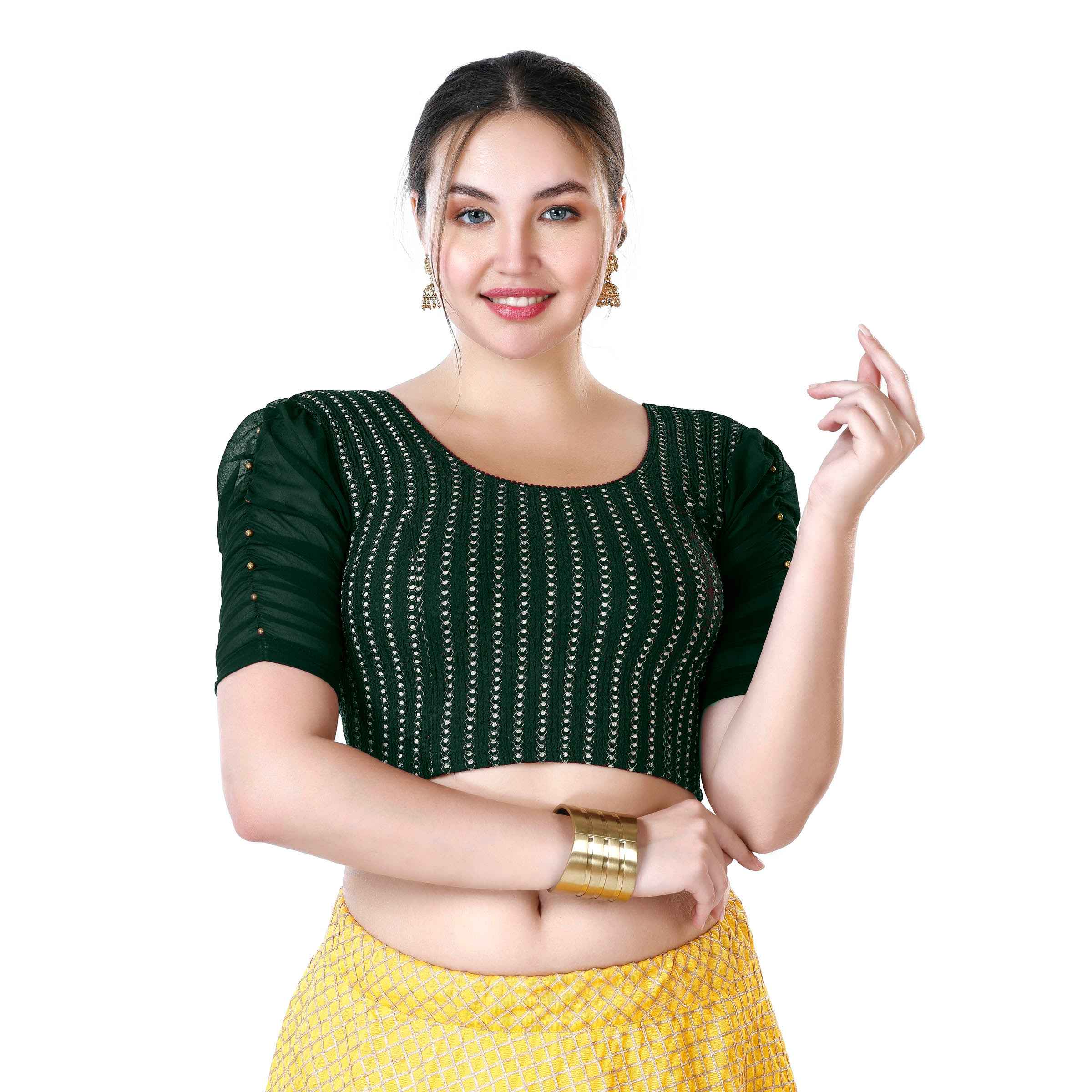 Stay On Trend: Latest Fashion Readymade Blouses for Women,round neckline,georgette ruched style sleeves with pearls embedded on the centre of the sleeve.33033