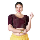 Stay On Trend: Latest Fashion Readymade Blouses for Women,round neckline,georgette ruched style sleeves with pearls embedded on the centre of the sleeve.33033