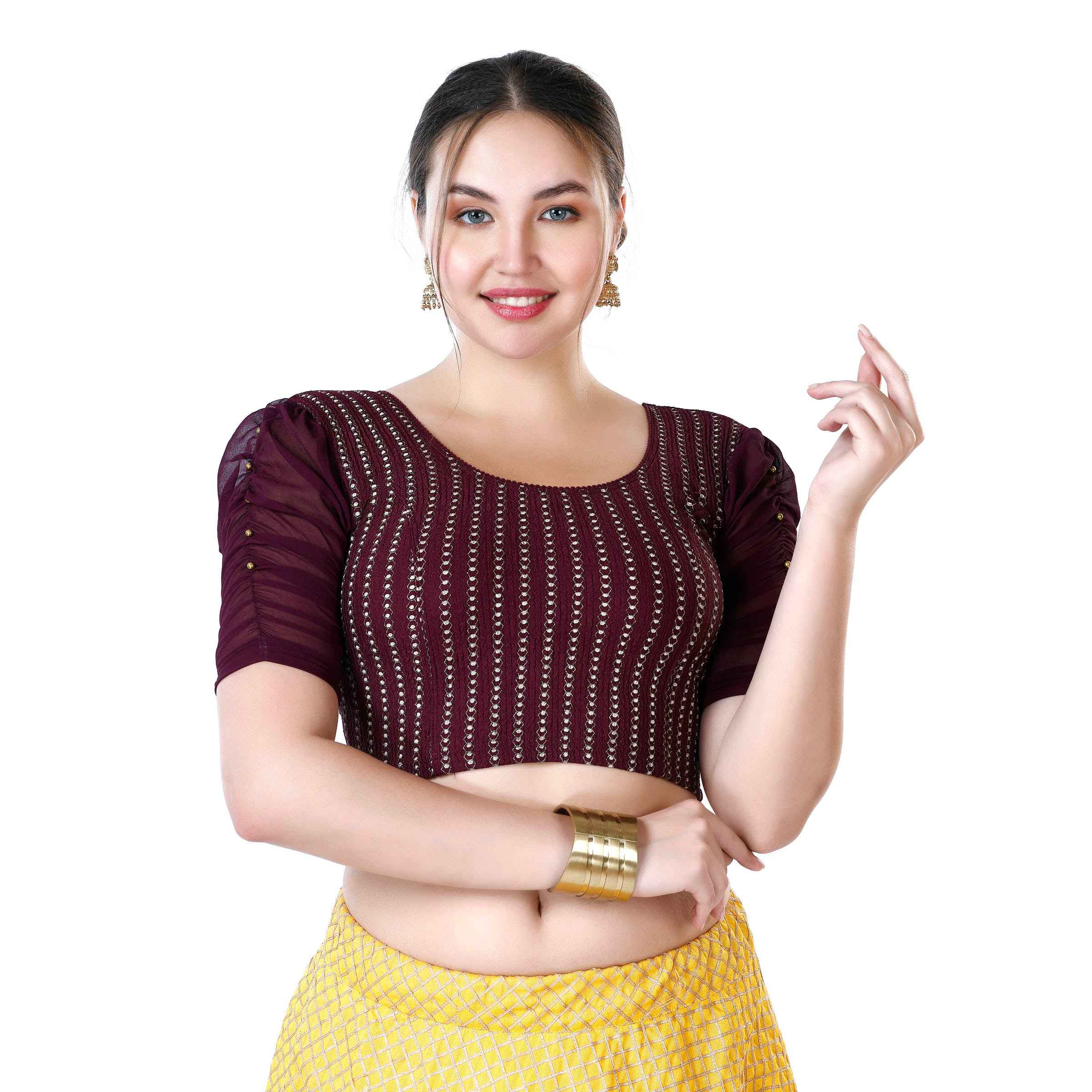 Stay On Trend: Latest Fashion Readymade Blouses for Women,round neckline,georgette ruched style sleeves with pearls embedded on the centre of the sleeve.33033