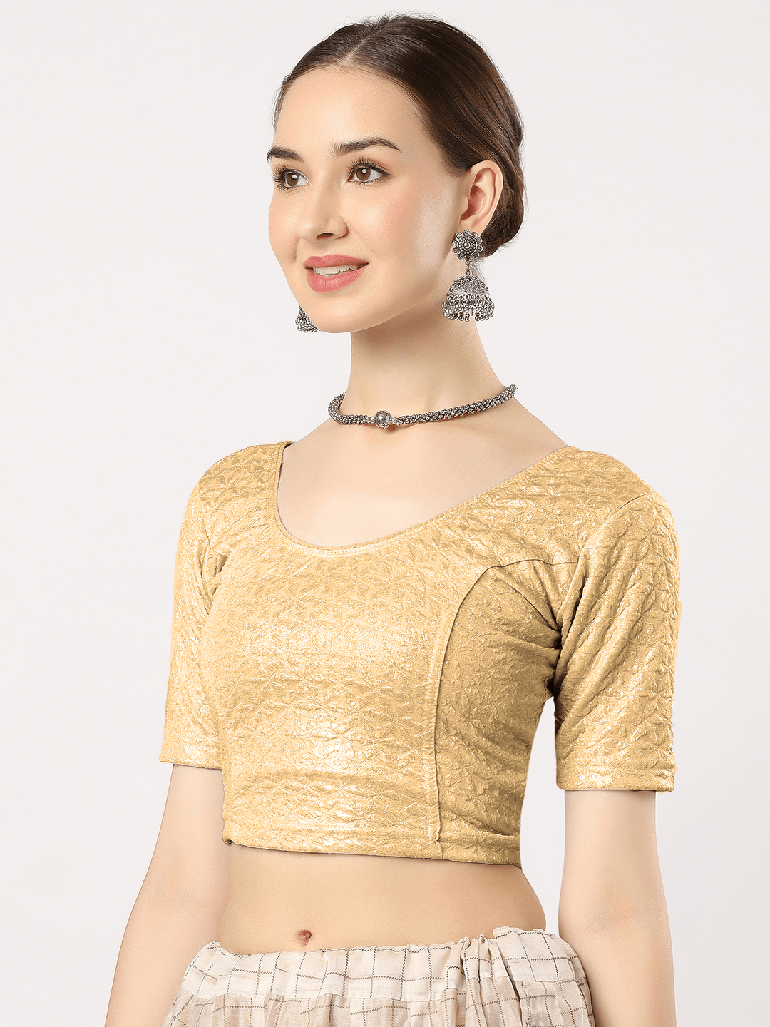 Stay On Trend: Latest Fashion Readymade Blouses for Women,round neckline,elbow sleeves in shimmer textured fabric.28008.