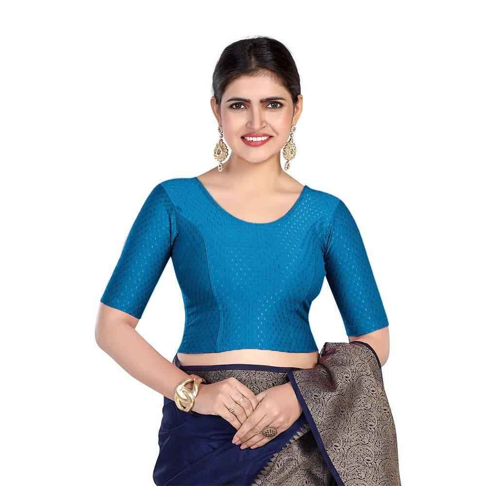 FINESTFIT 100% Cotton Fabric Stretchable Round Neck Elbow Sleeve Readymade Saree Blouse for Women - 4096 (Copy)