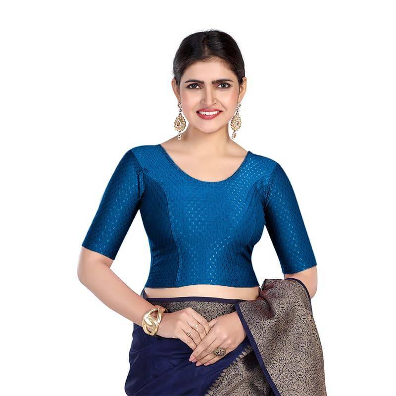 FINESTFIT Round Neck 100% Cotton Dobby Fabric Stretchable Elbow Sleeve Readymade Saree Blouse for Women.4096
