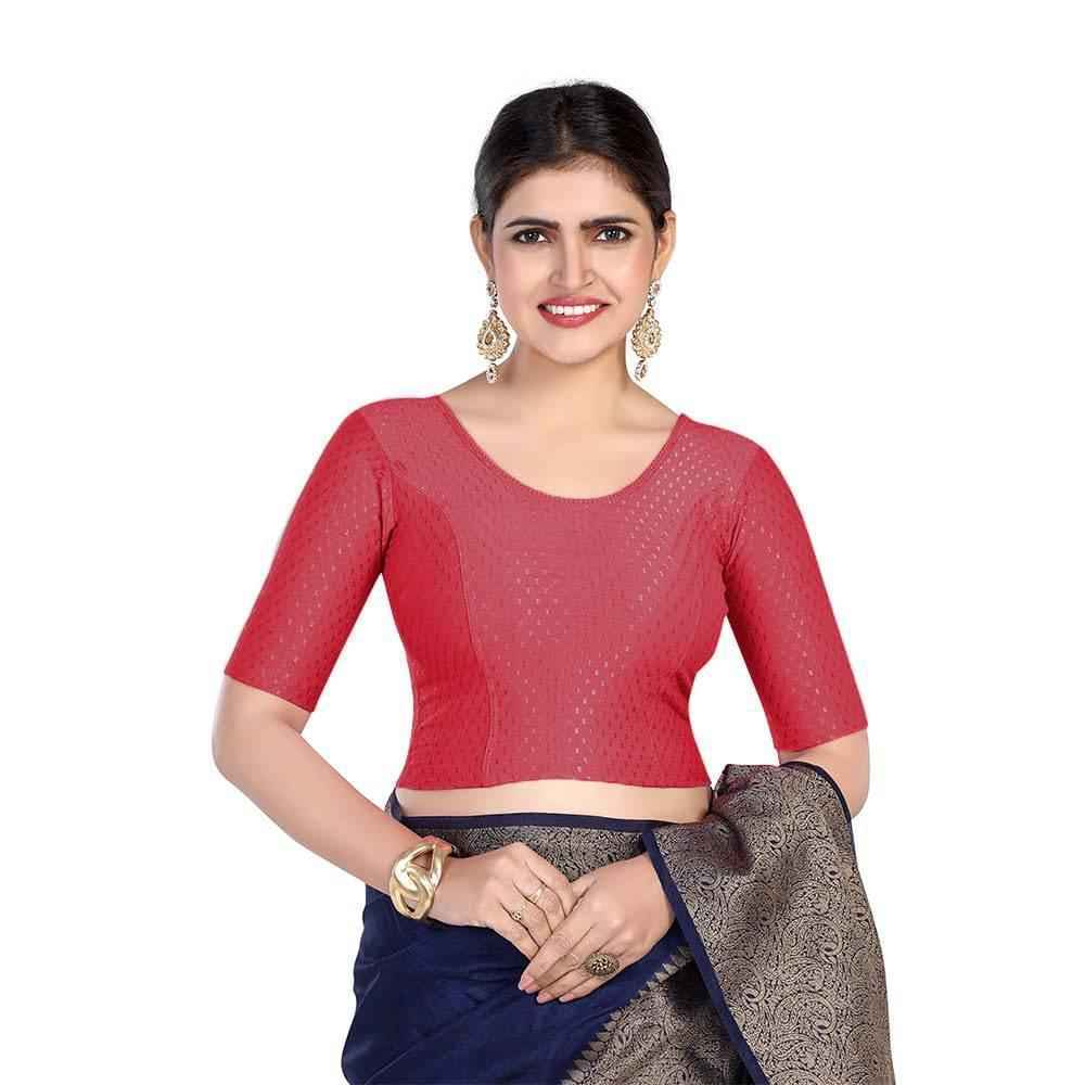 FINESTFIT 100% Cotton Fabric Stretchable Round Neck Elbow Sleeve Readymade Saree Blouse for Women - 4096 (Copy)