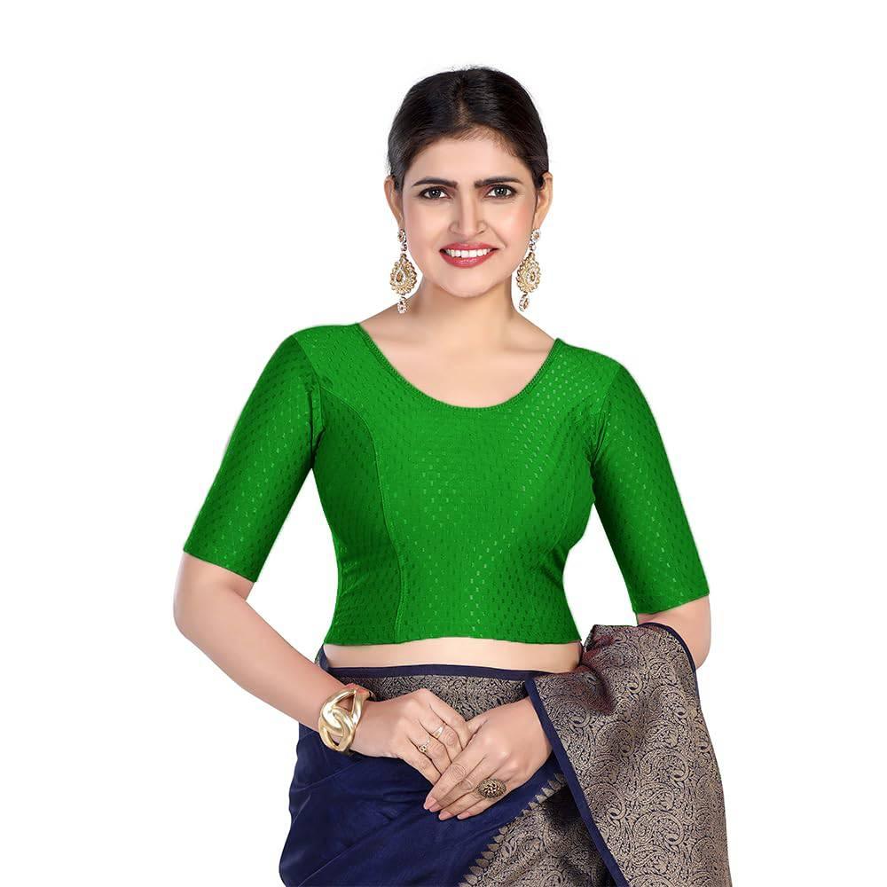 FINESTFIT Round Neck 100% Cotton Dobby Fabric Stretchable Elbow Sleeve Readymade Saree Blouse for Women.4096