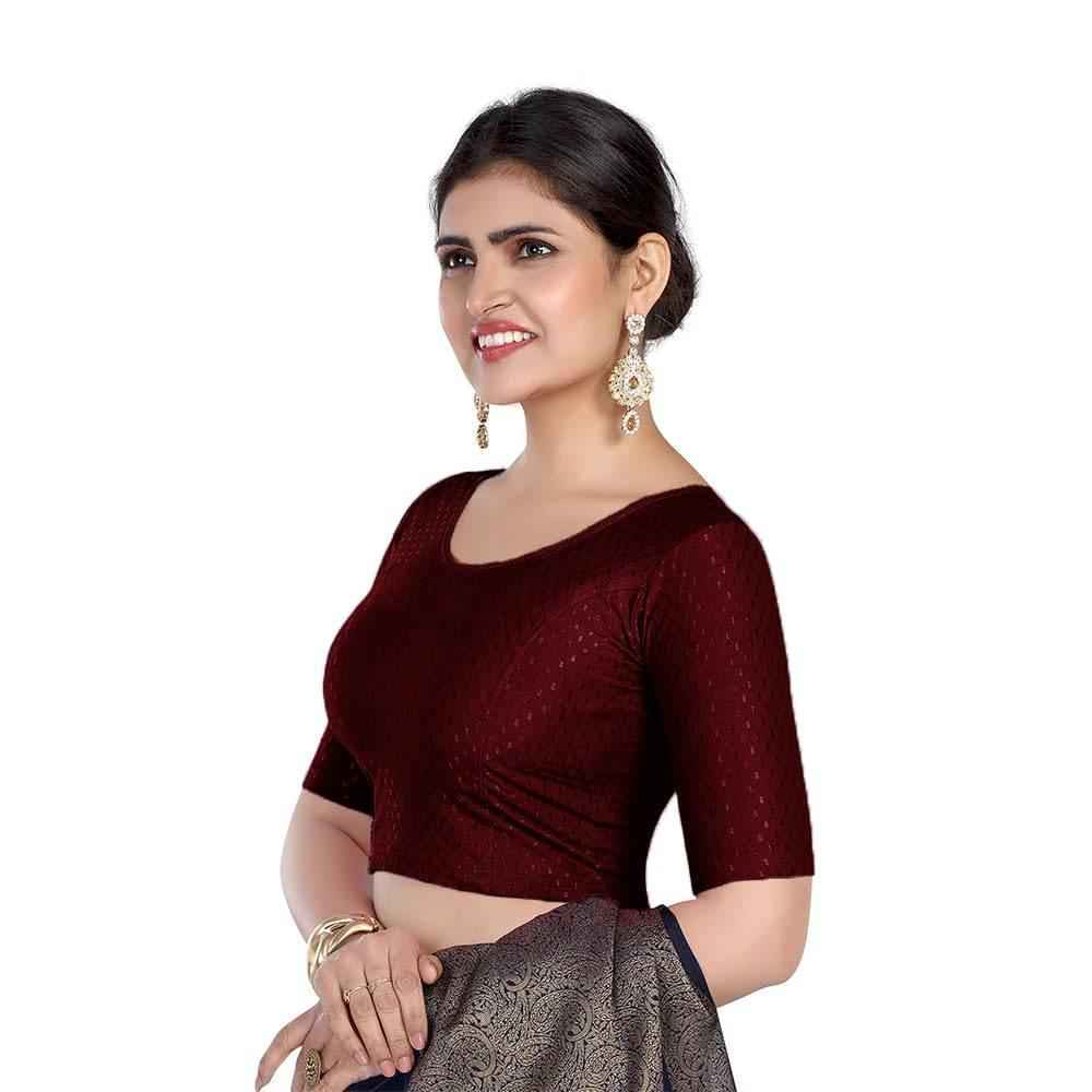 FINESTFIT 100% Cotton Fabric Stretchable Round Neck Elbow Sleeve Readymade Saree Blouse for Women - 4096 (Copy)