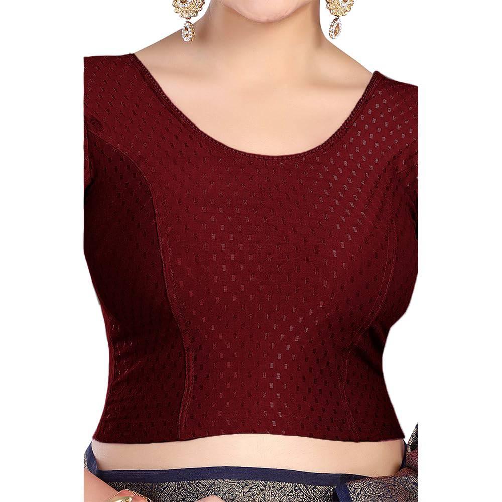 FINESTFIT Round Neck 100% Cotton Dobby Fabric Stretchable Elbow Sleeve Readymade Saree Blouse for Women.4096