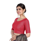 FINESTFIT Round Neck 100% Cotton Dobby Fabric Stretchable Elbow Sleeve Readymade Saree Blouse for Women.4096