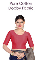FINESTFIT Round Neck 100% Cotton Dobby Fabric Stretchable Elbow Sleeve Readymade Saree Blouse for Women.4096
