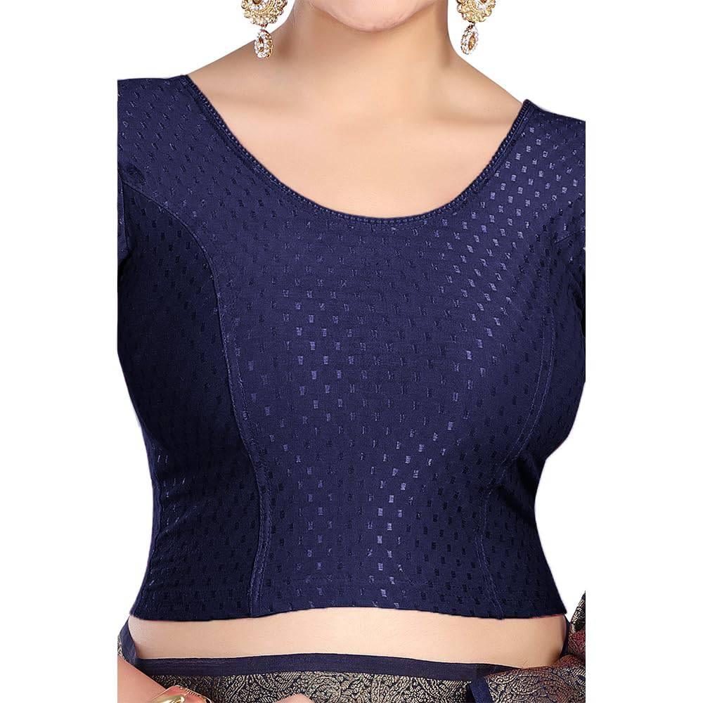 FINESTFIT Round Neck 100% Cotton Dobby Fabric Stretchable Elbow Sleeve Readymade Saree Blouse for Women.4096