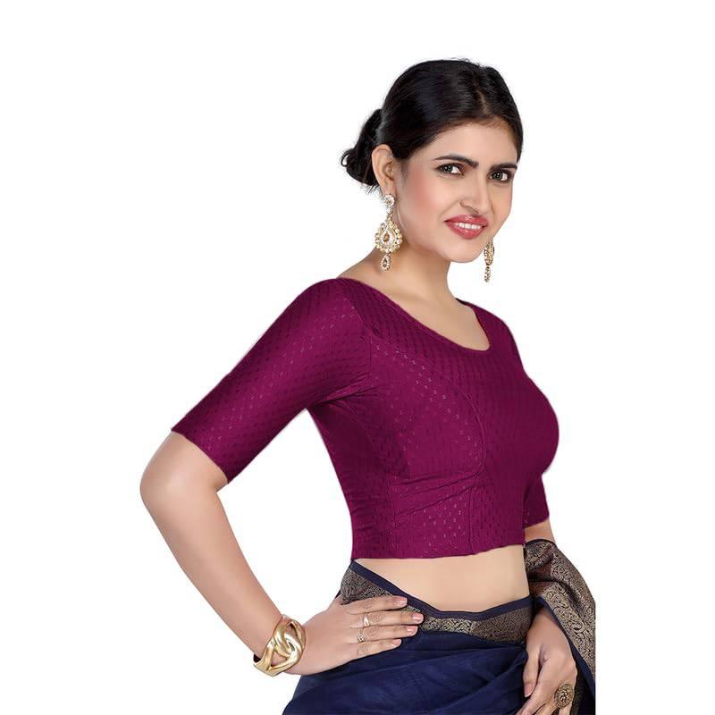 FINESTFIT Round Neck 100% Cotton Dobby Fabric Stretchable Elbow Sleeve Readymade Saree Blouse for Women.4096