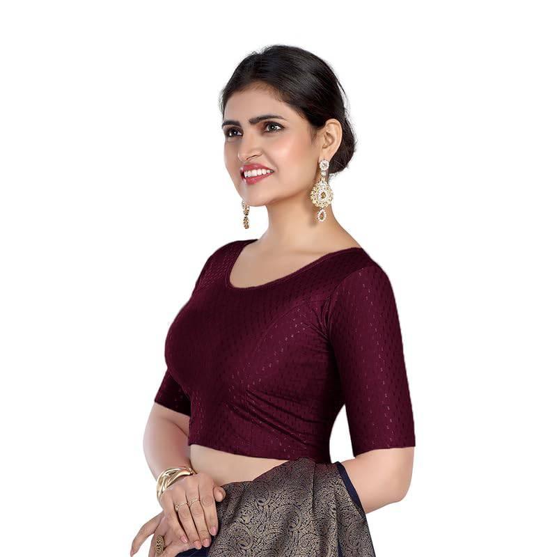 FINESTFIT Round Neck 100% Cotton Dobby Fabric Stretchable Elbow Sleeve Readymade Saree Blouse for Women.4096