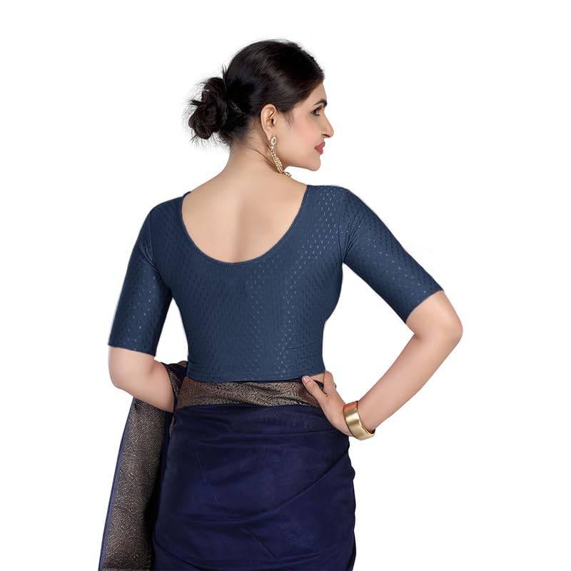 FINESTFIT Round Neck 100% Cotton Dobby Fabric Stretchable Elbow Sleeve Readymade Saree Blouse for Women.4096