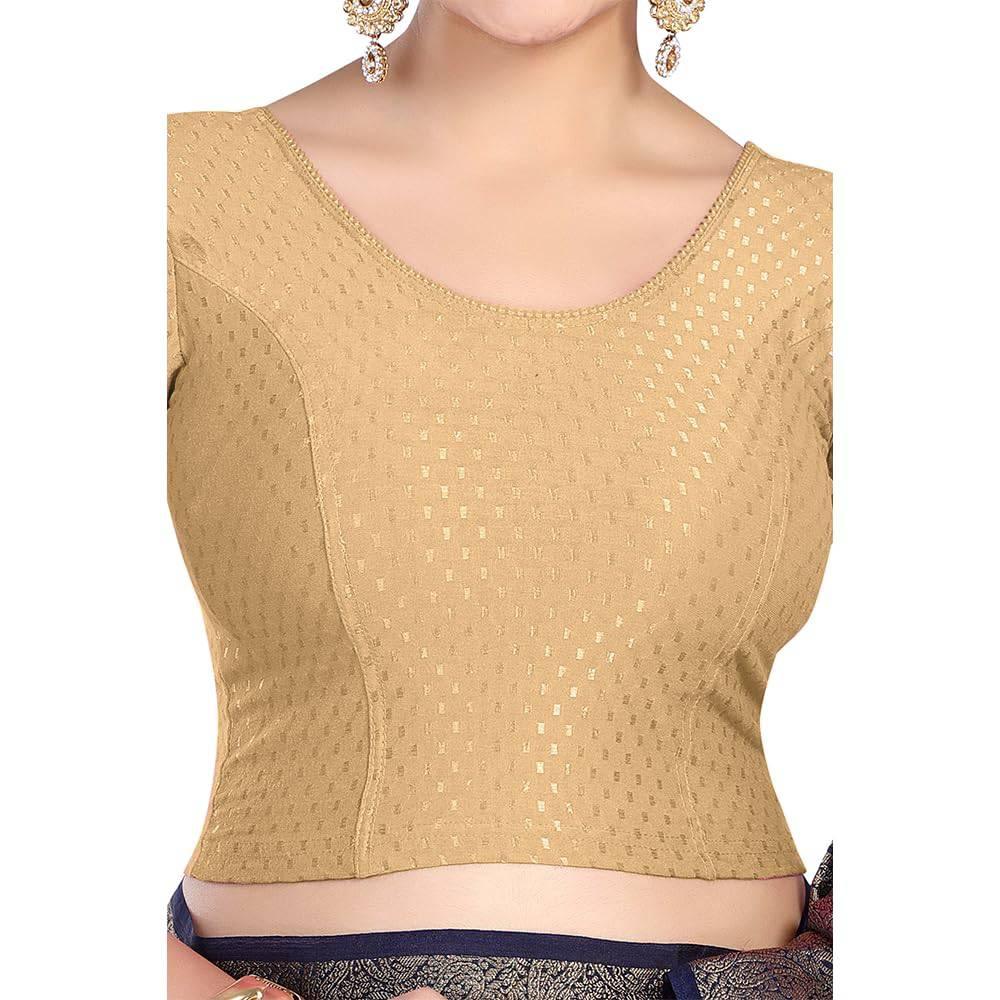 FINESTFIT Round Neck 100% Cotton Dobby Fabric Stretchable Elbow Sleeve Readymade Saree Blouse for Women.4096