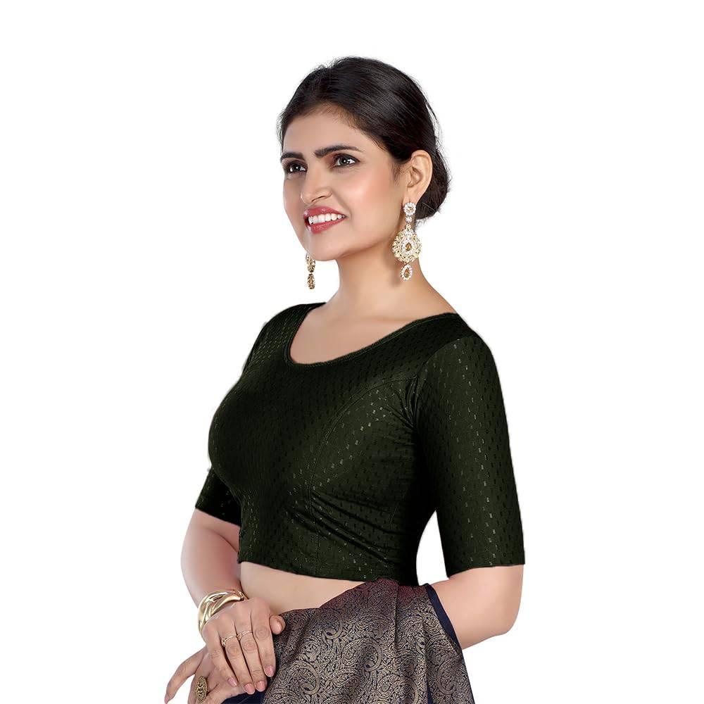 FINESTFIT Round Neck 100% Cotton Dobby Fabric Stretchable Elbow Sleeve Readymade Saree Blouse for Women.4096