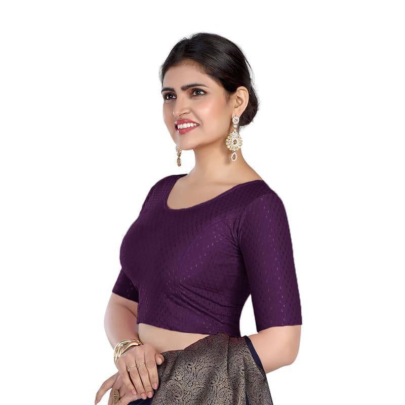 FINESTFIT Round Neck 100% Cotton Dobby Fabric Stretchable Elbow Sleeve Readymade Saree Blouse for Women.4096