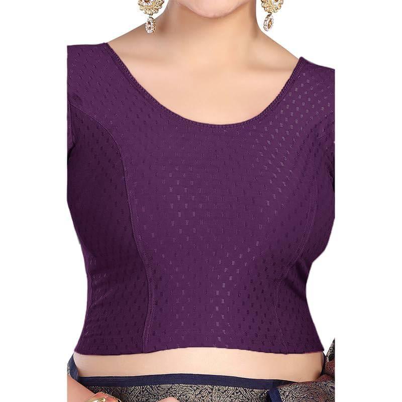 FINESTFIT Round Neck 100% Cotton Dobby Fabric Stretchable Elbow Sleeve Readymade Saree Blouse for Women.4096