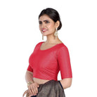 FINESTFIT Round Neck 100% Cotton Dobby Fabric Stretchable Elbow Sleeve Readymade Saree Blouse for Women.4096
