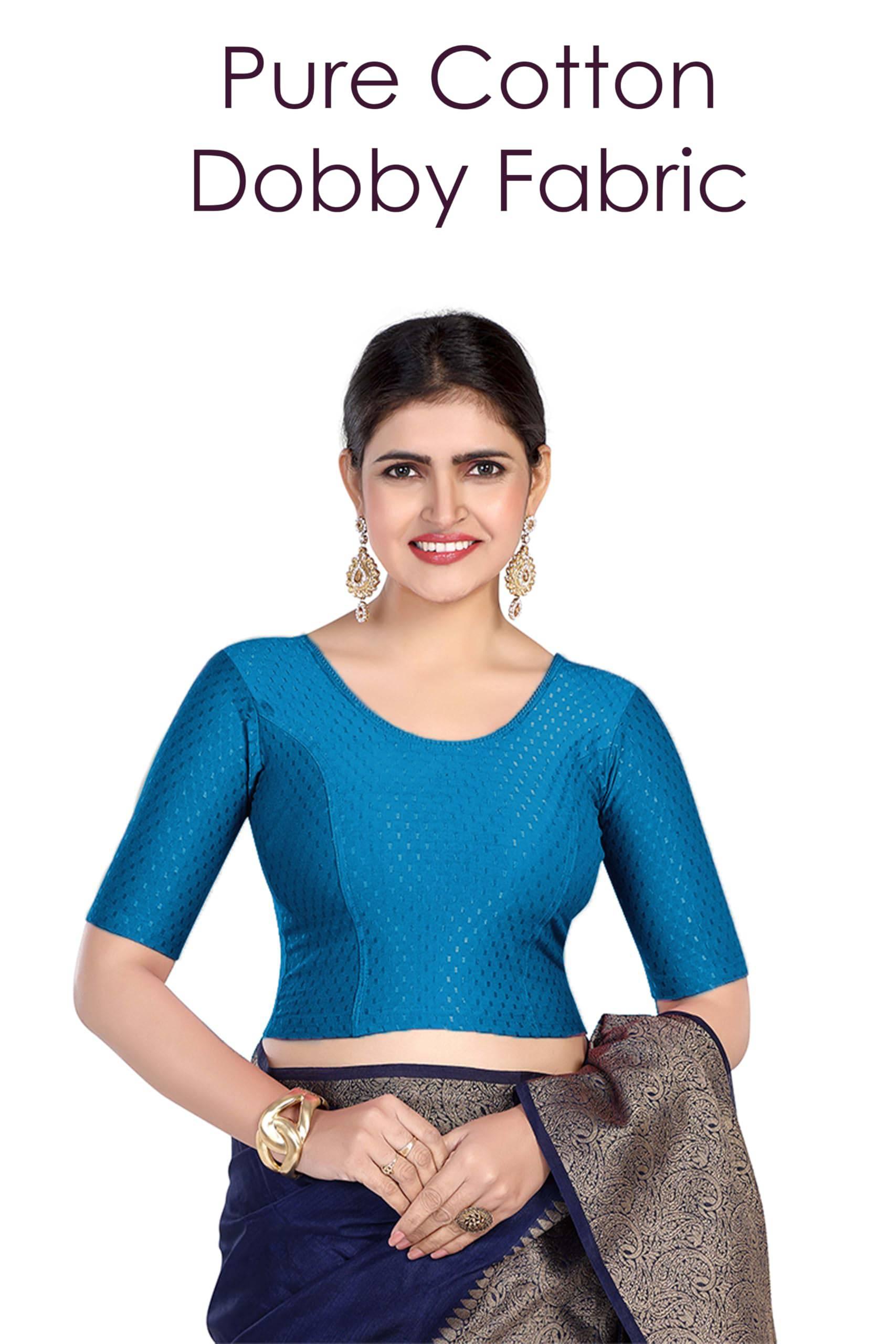 FINESTFIT Round Neck 100% Cotton Dobby Fabric Stretchable Elbow Sleeve Readymade Saree Blouse for Women.4096