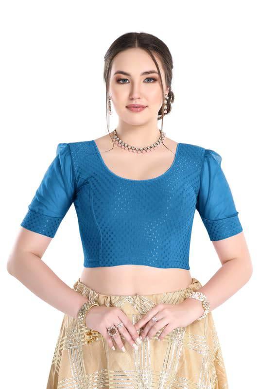 FINESTFIT Stay On Trend Latest Fashion 100% Cotton Dobby Readymade Blouses for Women,Round Neckline with Organza Balloon Sleeves.4520