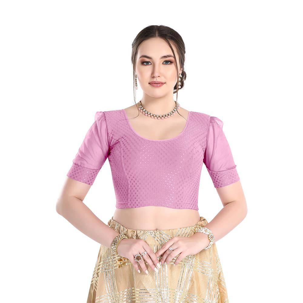FINESTFIT Stay On Trend Latest Fashion 100% Cotton Dobby Readymade Blouses for Women,Round Neckline with Organza Balloon Sleeves.4520