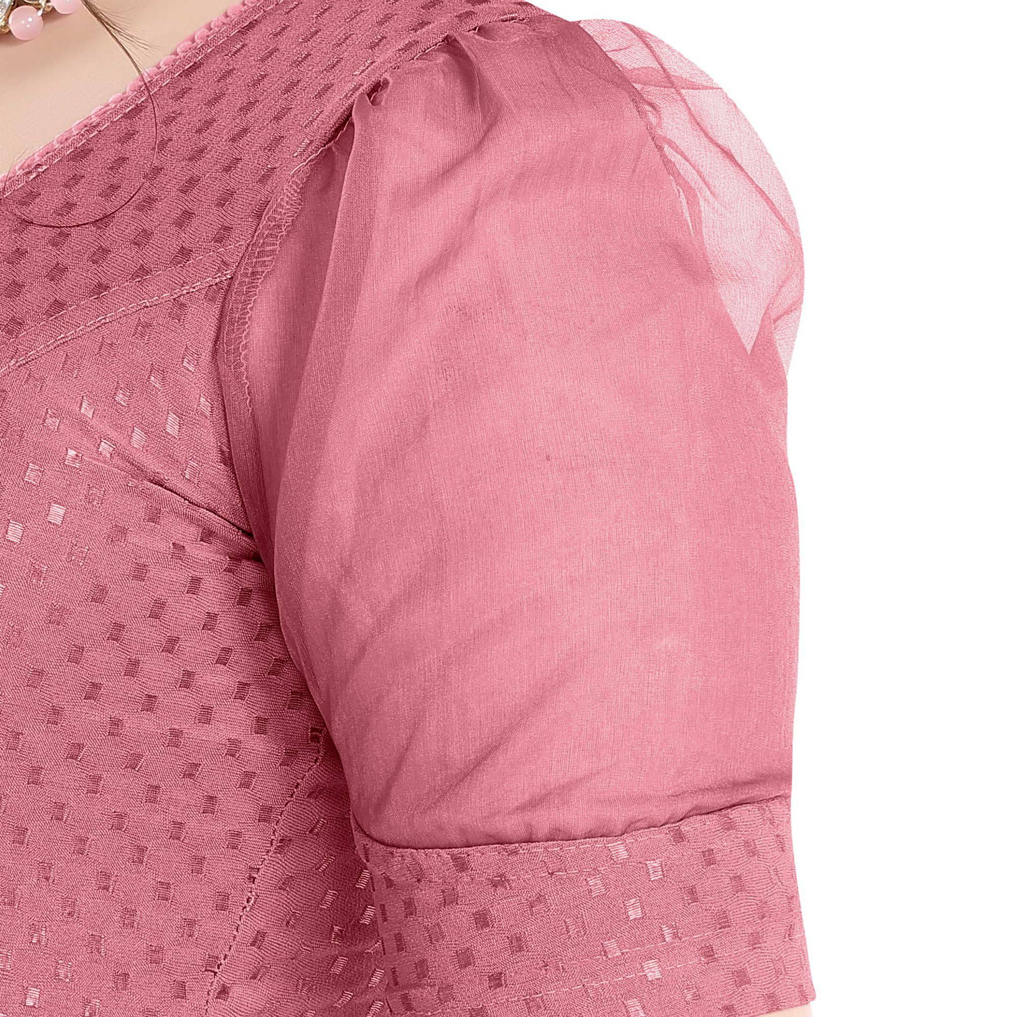 FINESTFIT Stay On Trend Latest Fashion 100% Cotton Dobby Readymade Blouses for Women,Round Neckline with Organza Balloon Sleeves.4520