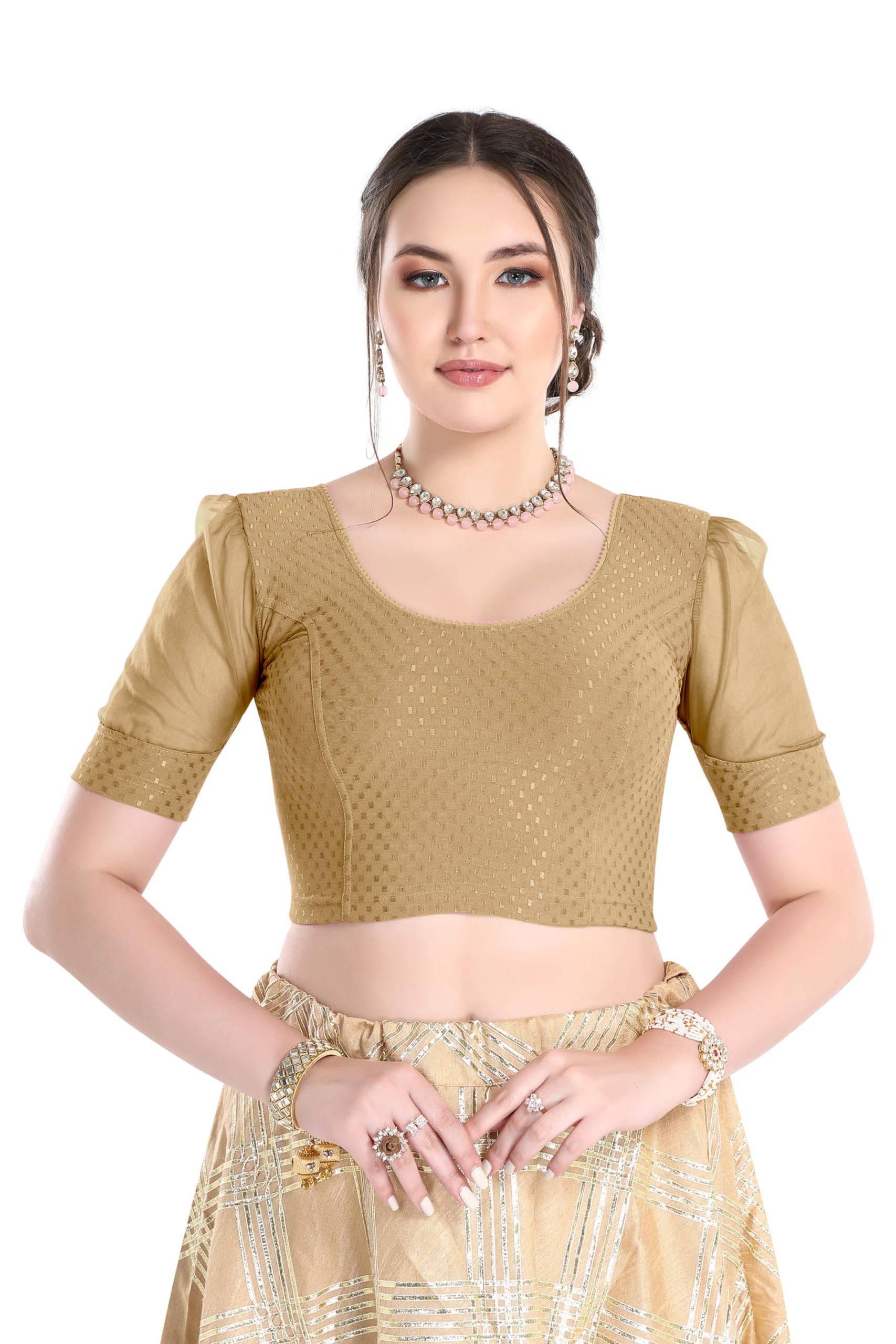 FINESTFIT Stay On Trend Latest Fashion 100% Cotton Dobby Readymade Blouses for Women,Round Neckline with Organza Balloon Sleeves.4520