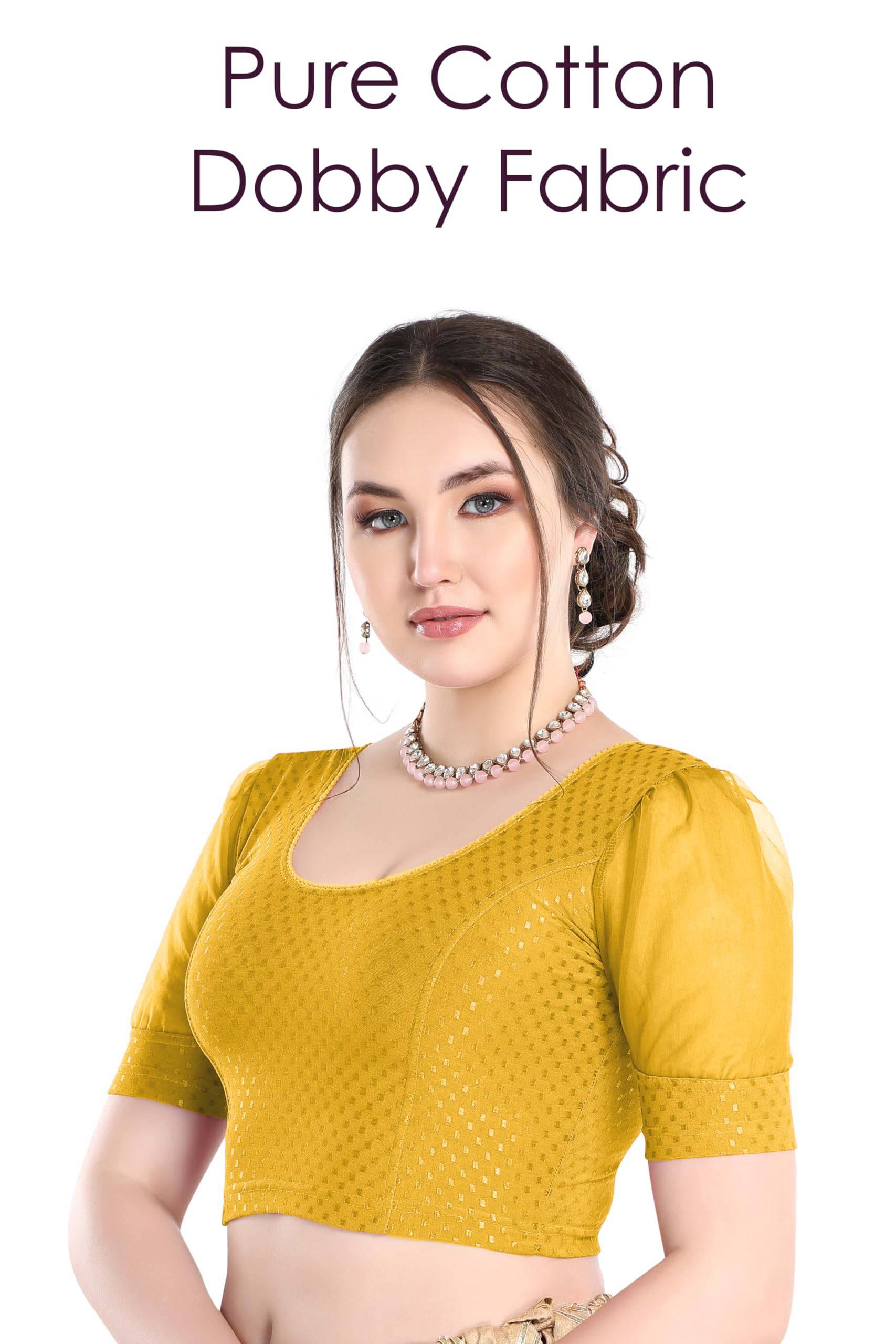 FINESTFIT Stay On Trend Latest Fashion 100% Cotton Dobby Readymade Blouses for Women,Round Neckline with Organza Balloon Sleeves.4520