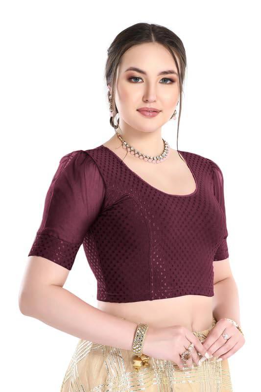 FINESTFIT Stay On Trend Latest Fashion 100% Cotton Dobby Readymade Blouses for Women,Round Neckline with Organza Balloon Sleeves.4520