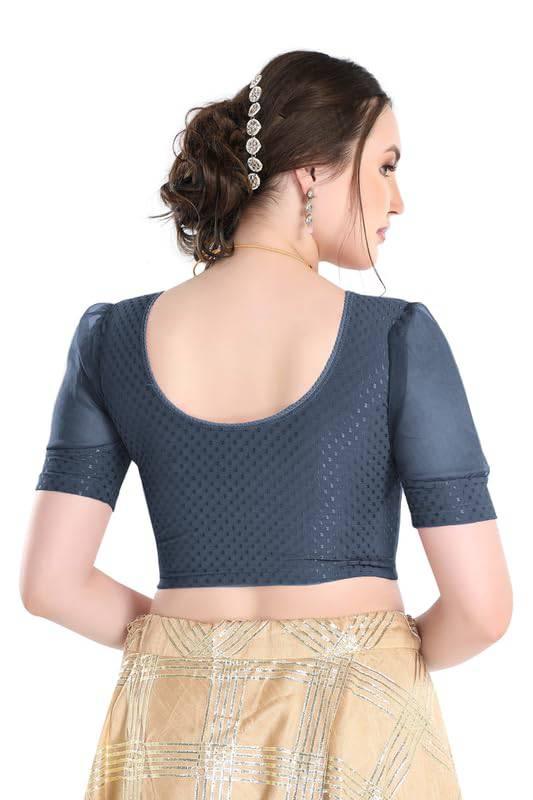 FINESTFIT Stay On Trend Latest Fashion 100% Cotton Dobby Readymade Blouses for Women,Round Neckline with Organza Balloon Sleeves.4520