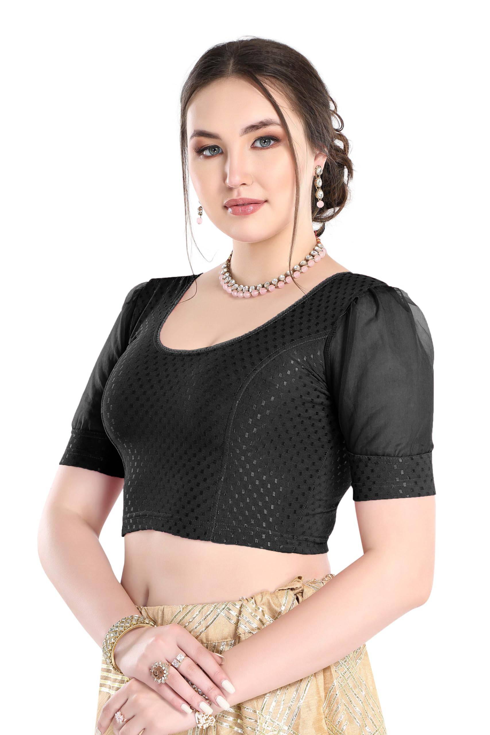 FINESTFIT Stay On Trend Latest Fashion 100% Cotton Dobby Readymade Blouses for Women,Round Neckline with Organza Balloon Sleeves.4520