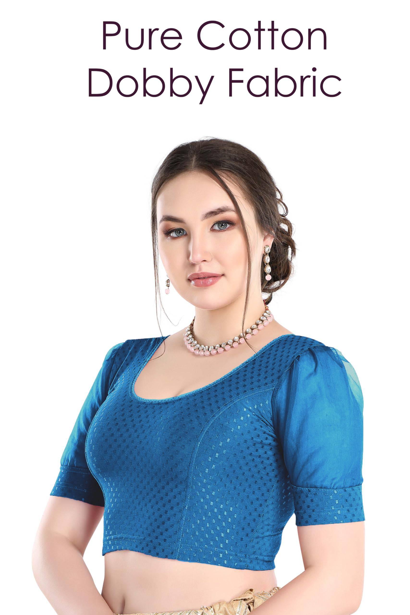 FINESTFIT Stay On Trend Latest Fashion 100% Cotton Dobby Readymade Blouses for Women,Round Neckline with Organza Balloon Sleeves.4520