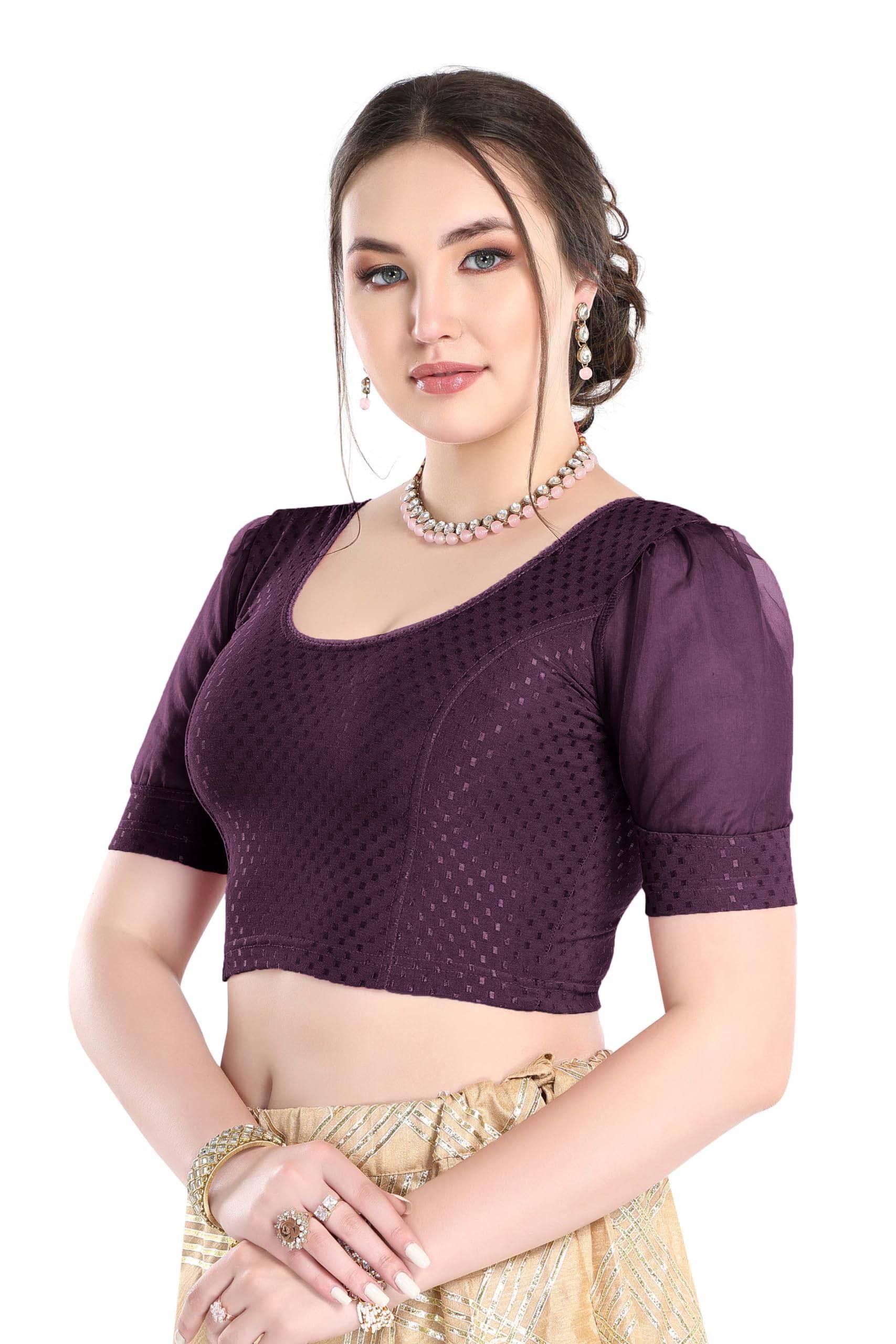 FINESTFIT Stay On Trend Latest Fashion 100% Cotton Dobby Readymade Blouses for Women,Round Neckline with Organza Balloon Sleeves.4520