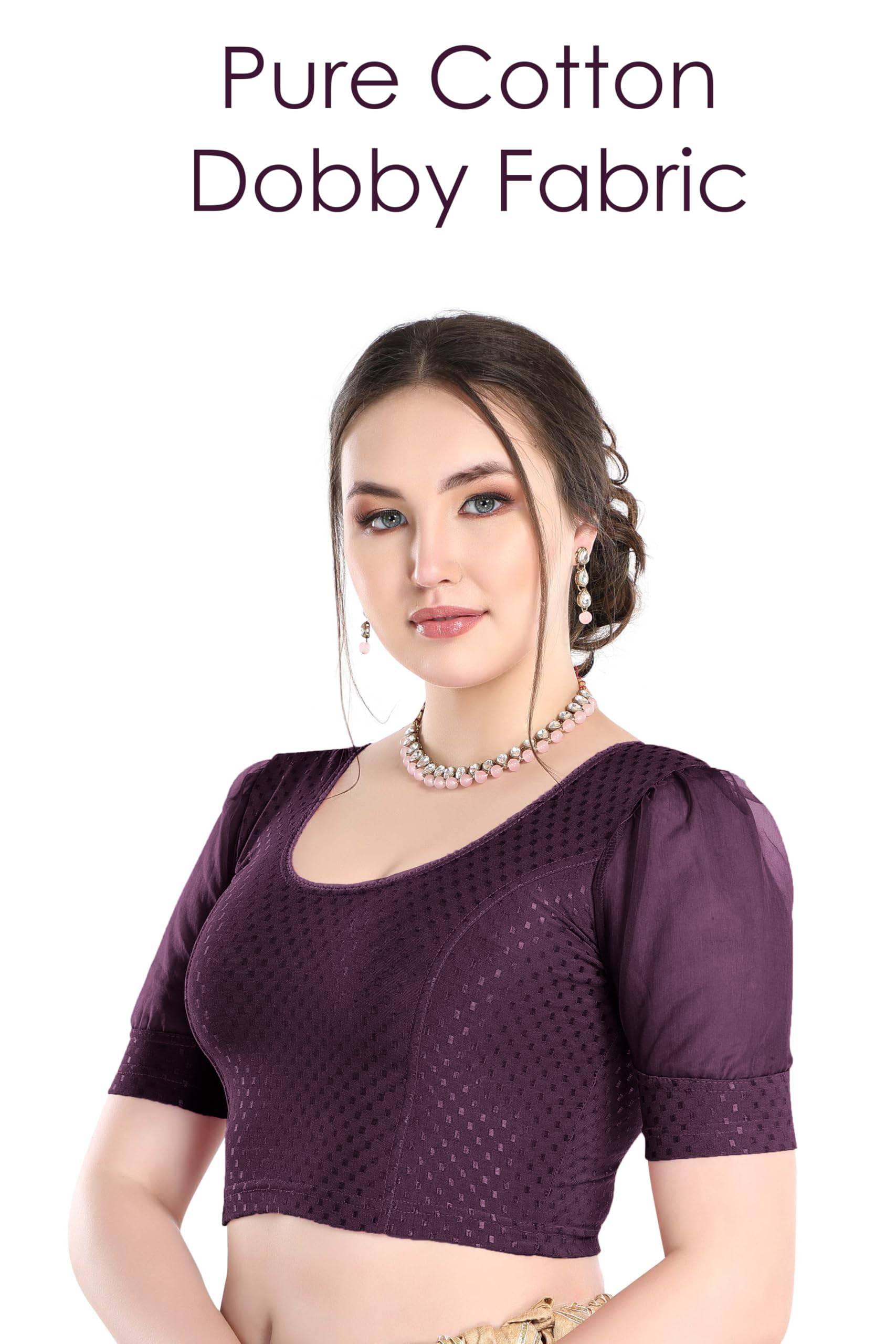 FINESTFIT Stay On Trend Latest Fashion 100% Cotton Dobby Readymade Blouses for Women,Round Neckline with Organza Balloon Sleeves.4520