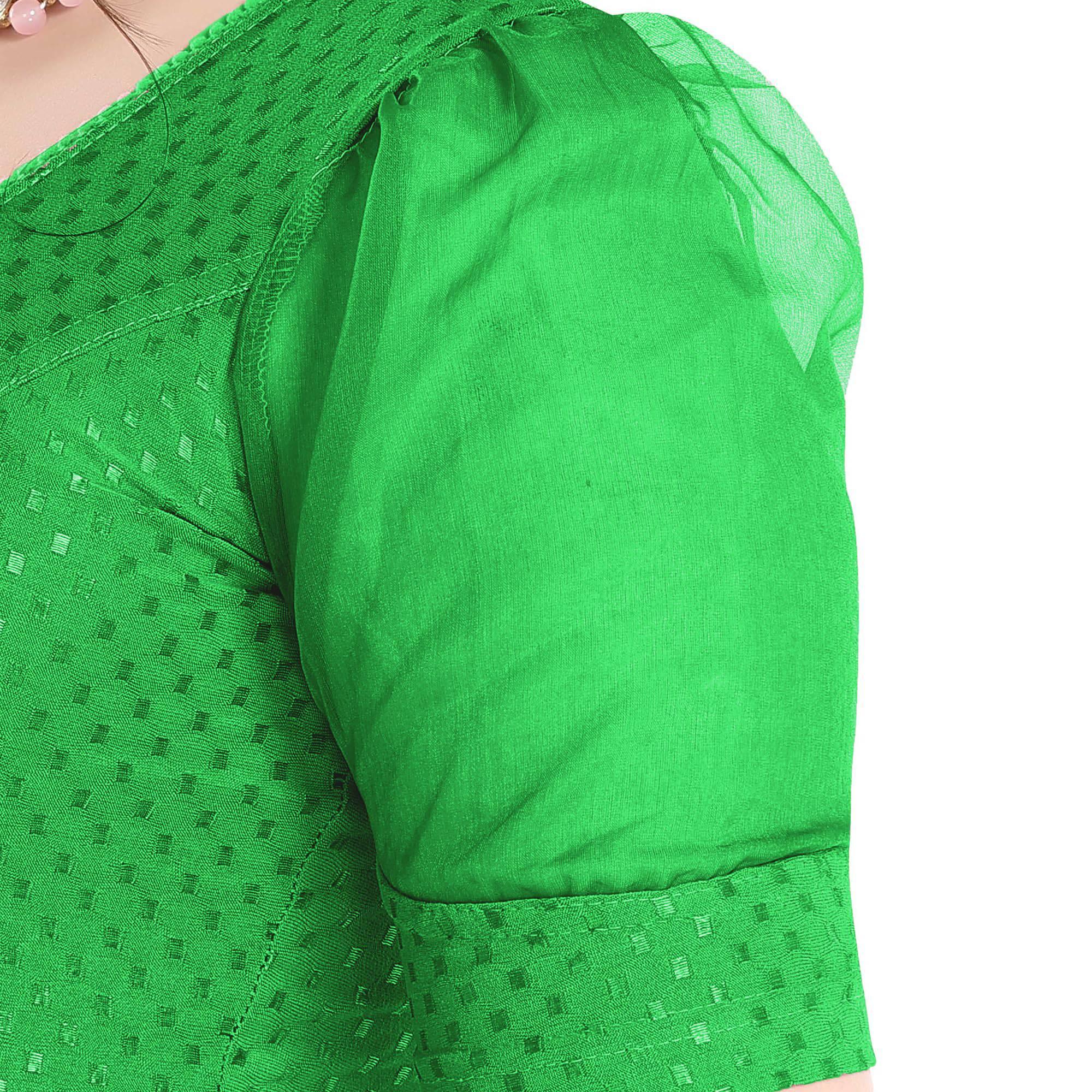 FINESTFIT Stay On Trend Latest Fashion 100% Cotton Dobby Readymade Blouses for Women,Round Neckline with Organza Balloon Sleeves.4520