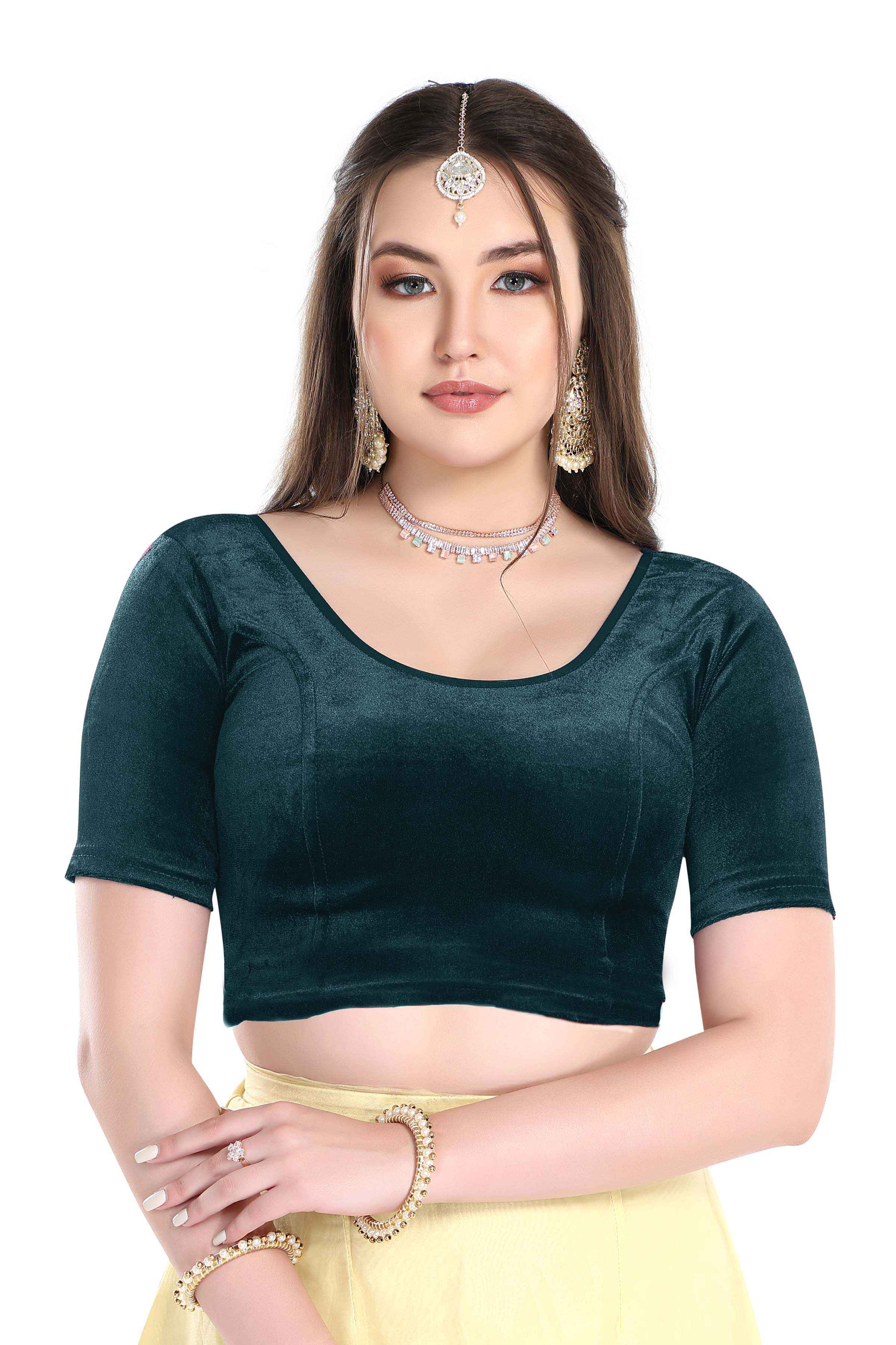 FINESTFIT Stay On Trend: Latest Fashion Readymade Blouses for Women,Round Neckline with Velvet Elbow Sleeves-1036