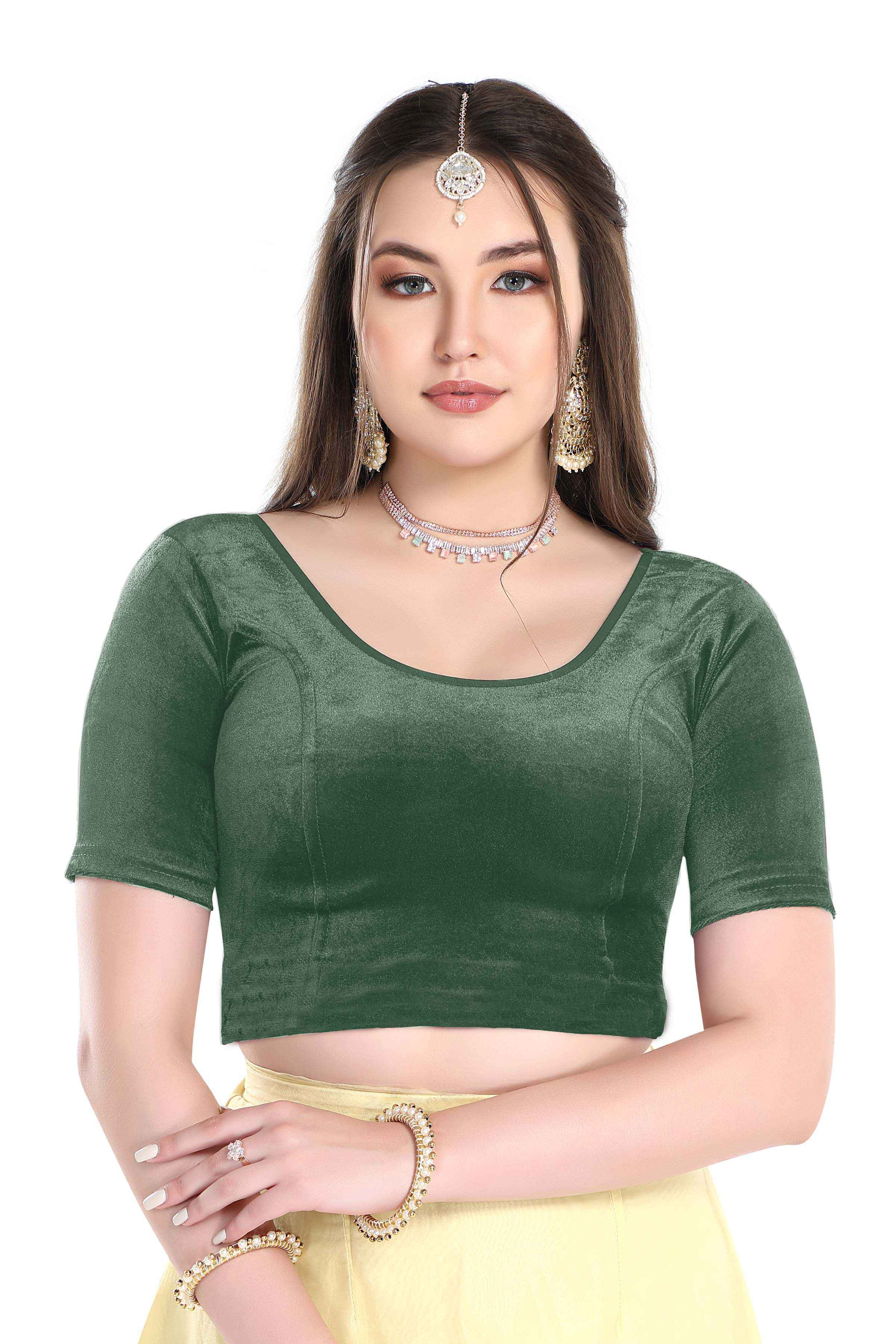 FINESTFIT Stay On Trend: Latest Fashion Readymade Blouses for Women,Round Neckline with Velvet Elbow Sleeves-1036