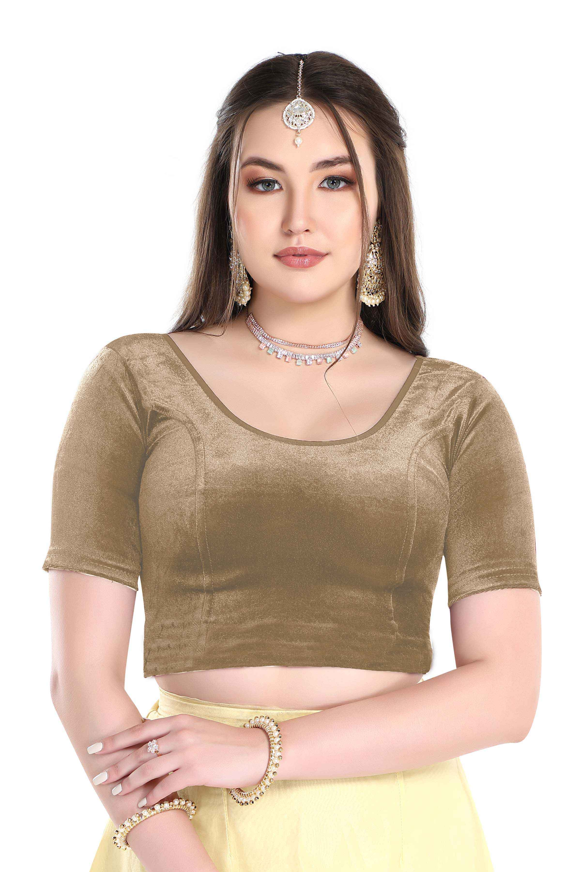 FINESTFIT Stay On Trend: Latest Fashion Readymade Blouses for Women,Round Neckline with Velvet Elbow Sleeves-1036