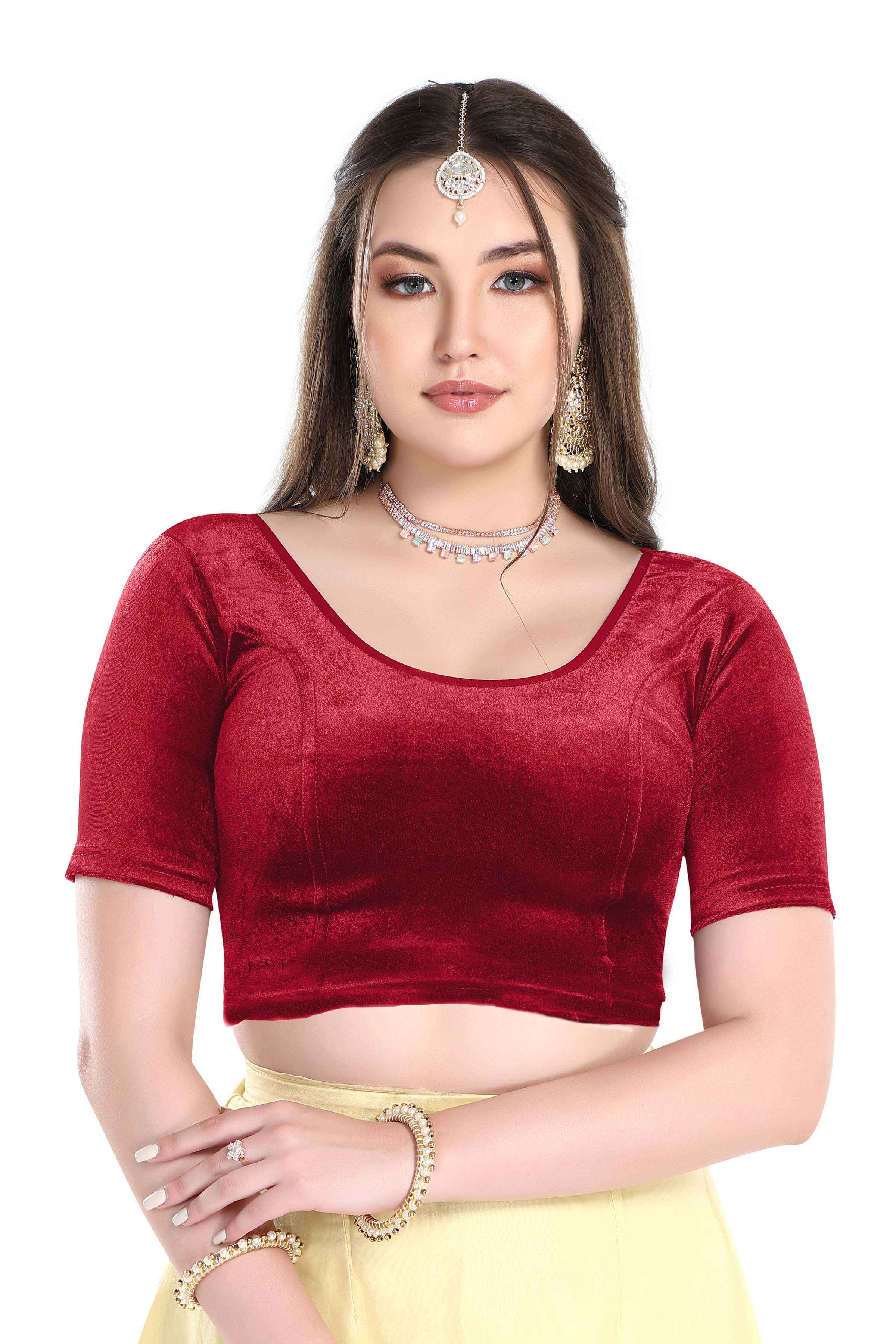 FINESTFIT Stay On Trend: Latest Fashion Readymade Blouses for Women,Round Neckline with Velvet Elbow Sleeves-1036